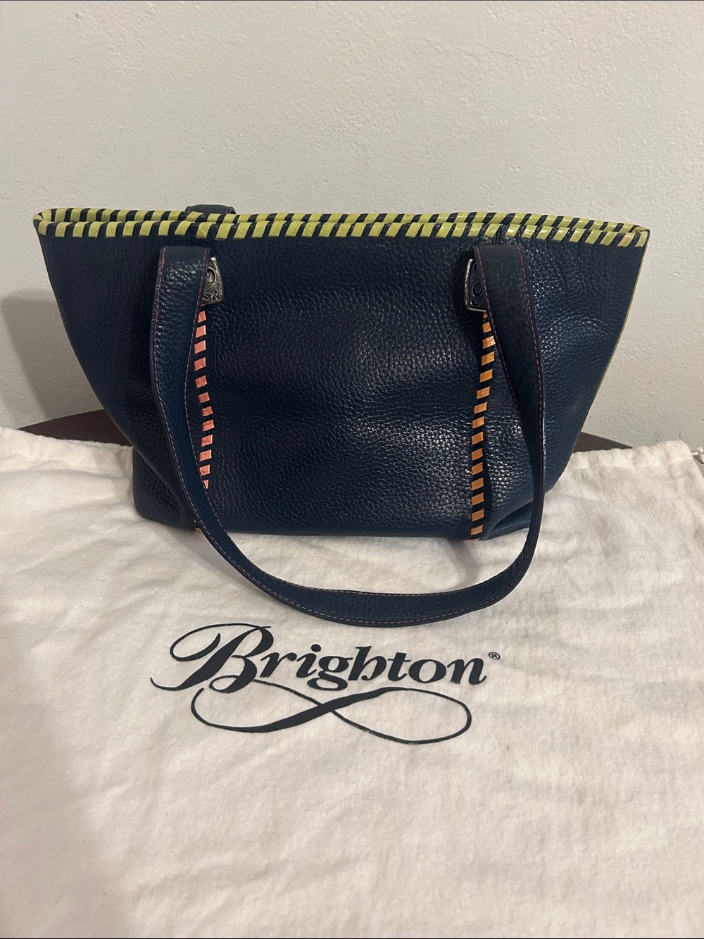 Brighton Navy Pebble Leather Shoulder Tote with Multicolored Trim w/Dust Bag